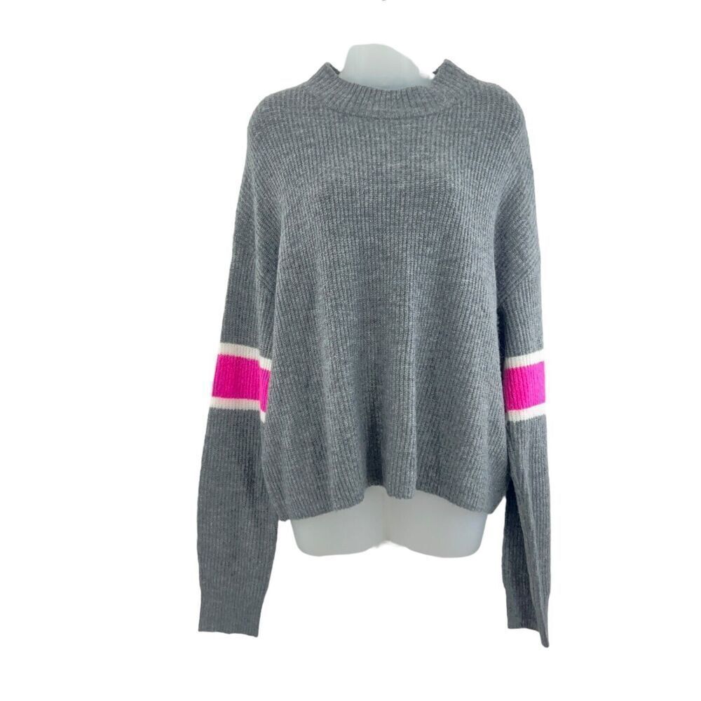 John & Jenn Varsity Stripe Gray Pink Mock Neck Pullover Sweater Top XL NEW